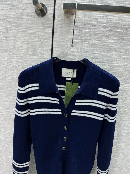 ☆【Gucci】Contrast color striped polo collar knitted cardigan