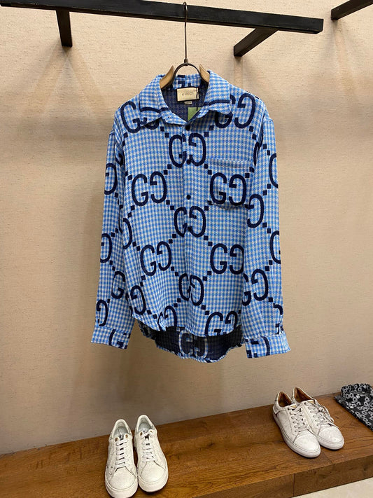 Gucci, 2024SS spring and summer new styles Haze blue fine plaid long-sleeved shirt