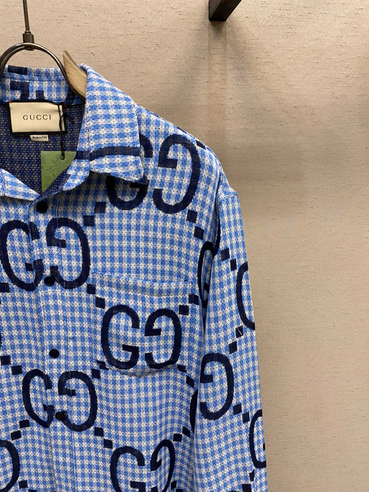 Gucci, 2024SS spring and summer new styles Haze blue fine plaid long-sleeved shirt