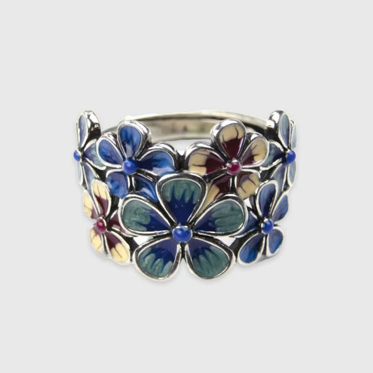 Floral Blossoms Like Brocade Flower Ring Ring Ring Cloisonne Retro Ethnic Style Pure Handmade Adjustable Hip Hop Style